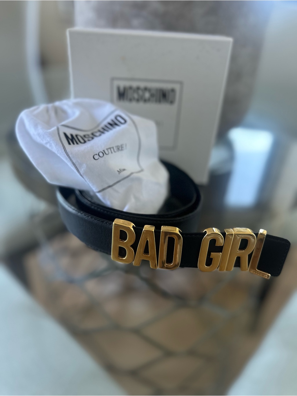 Women’s Moschino Black 'Bad Girl' Leather Belt With Gold Lettering Italian Sz44